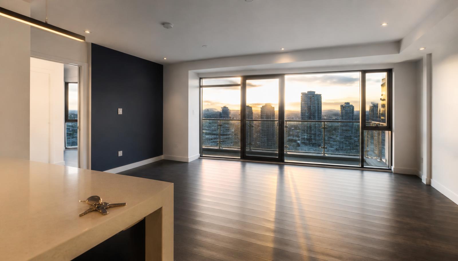 Sala de apartamento novo entregue pela construtora com vista para a cidade