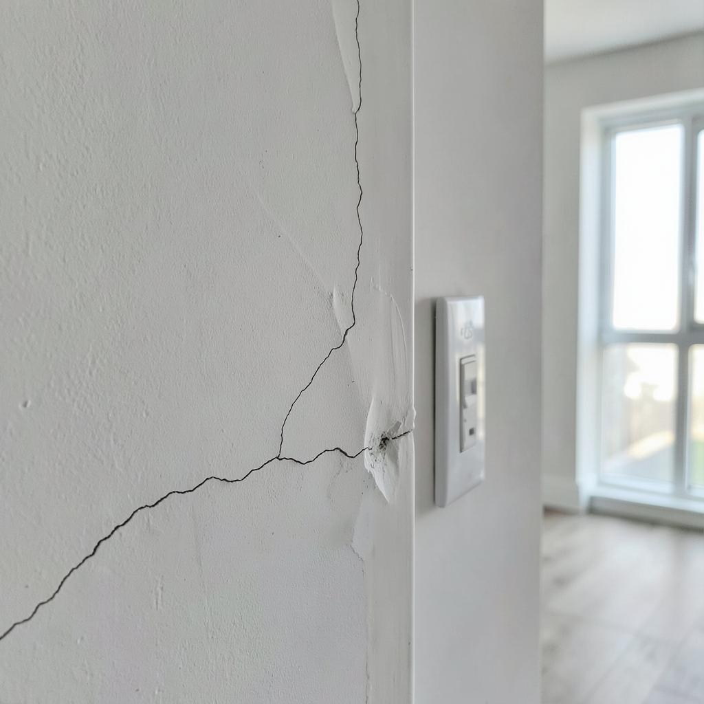 Parede com trinca e falha de pintura próxima ao interruptor